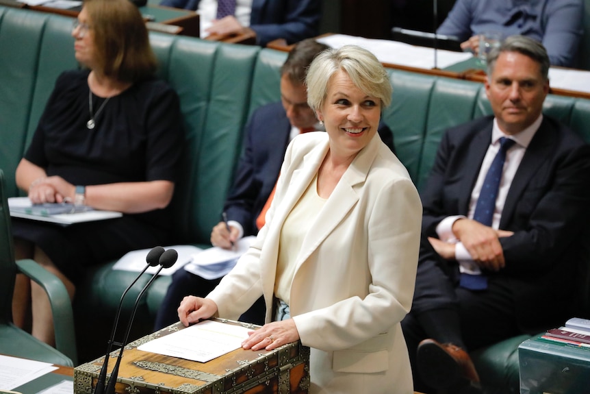 a woman in a white suit in the House of Reps smiling