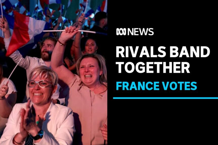 Rivals Band Together, France Votes: A group of people wave flags and cheer.