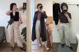 three photos of a young woman side-by-side, in each one she is wearing linen pants with different tops and shoes