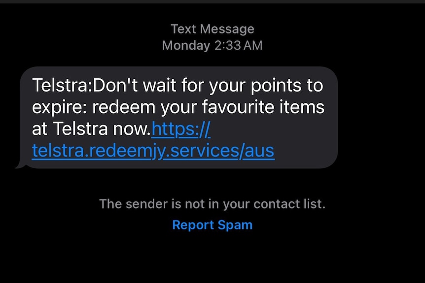 A screenshot of a Telstra text message scam that asks a customer to click on the link to redeem their rewards points