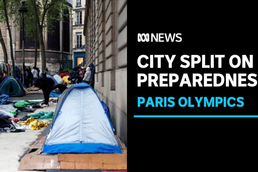 City Split on Preparedness, Paris Olympics: Tents set up on a city street.