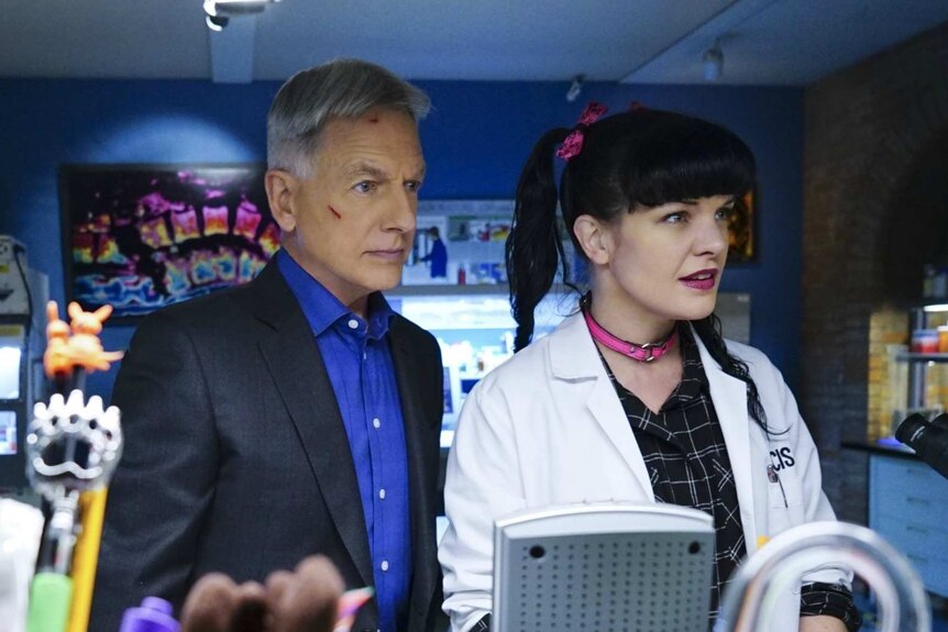 Leroy Jethro Gibbs (played by Mark Harmon) and Abby Sciuto (played by Pauley Perrette) during a scene from CBS series NCIS.