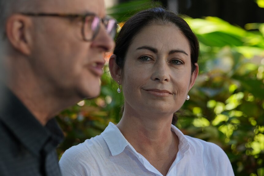 Terri Butler watches on as Anthony Albanese answers questions