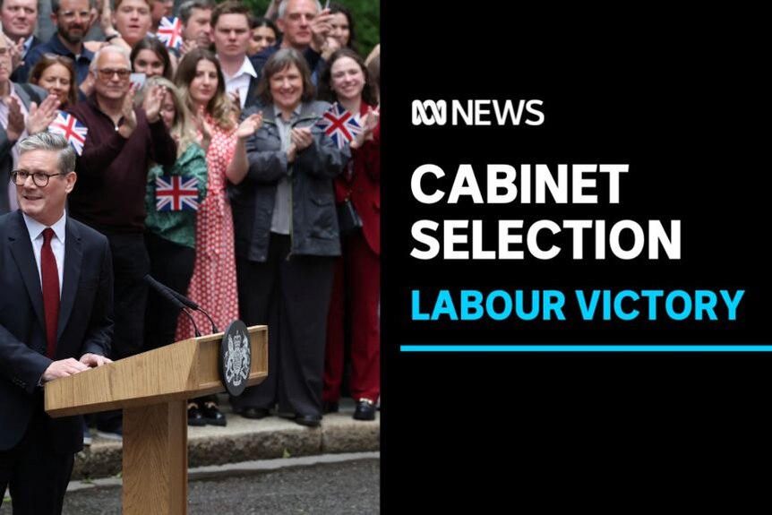 Cabinet Selection, Labour Victory: Keir Starmer looks off-camera while standing at a lecturn.