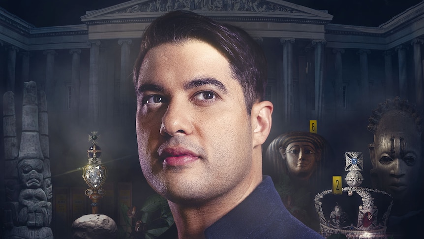 A poster for a show with a man looking up, the British Museum is behind him with artefacts also in the background