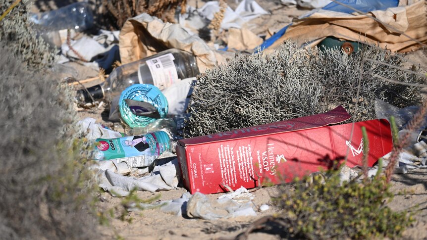A pile of discarded bottles and other rubbish in sand dunes