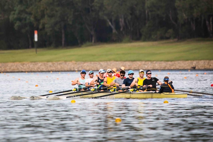 A wide shot of a group of rowers in action on the water during training in Perth.