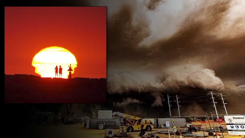 Tow images side by side with a red sunset and storm clouds rolling in over a building site