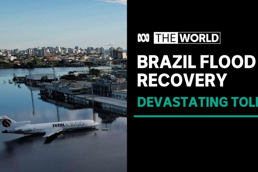 Brazil Flood Recovery, Devastating Toll: Aerial vision of a flooded airport with water up to a plane's fuselage.