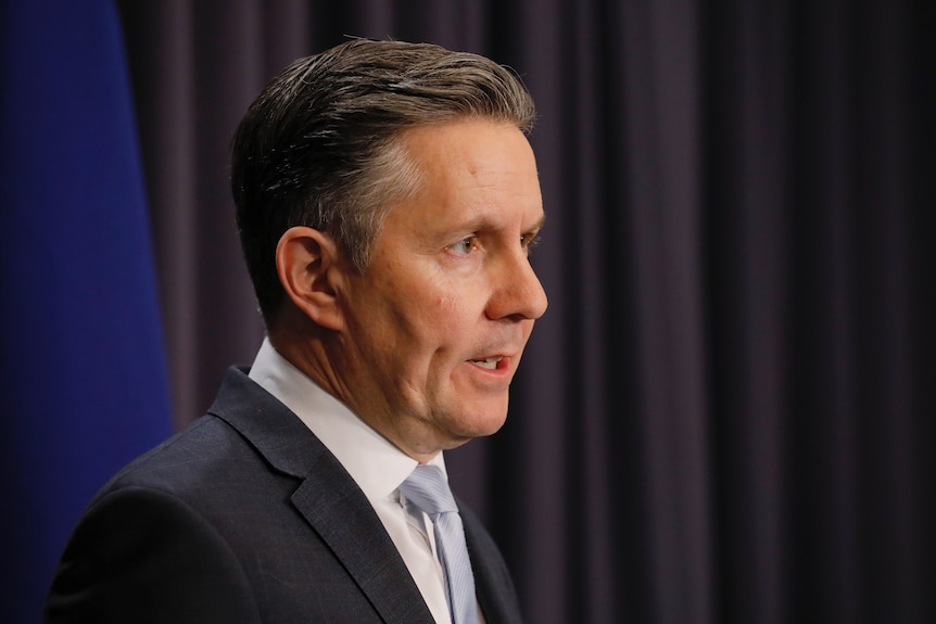 Mark Butler, wearing pale blue tie with suit, speaks in front of dark blue curtains
