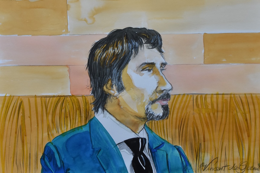 A court painting of Justin Laurens Stein in watercolours facing the side in a blue suit