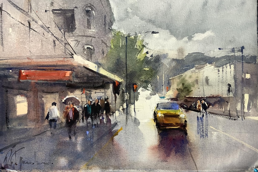 Painted picture of people and cars on a wet city street.