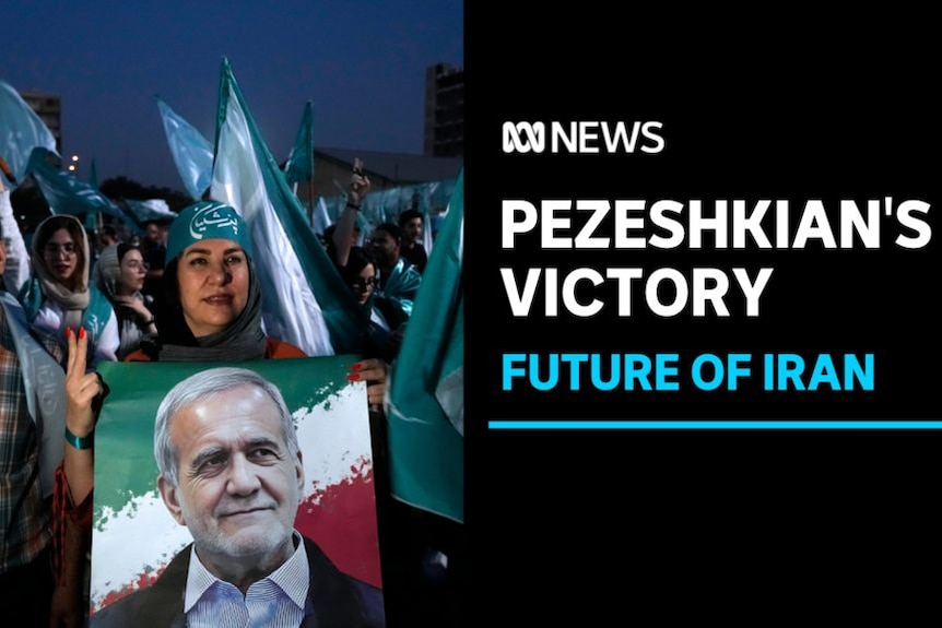 Pezeshkian's Victory, Future of Iran: People rally, holding green flags. A woman holds a poster of a man with grey hair.