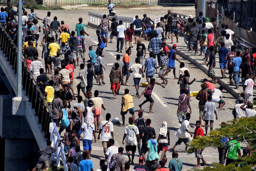 A crowd of protesters on the newly opened China Town bridge in Honiara.