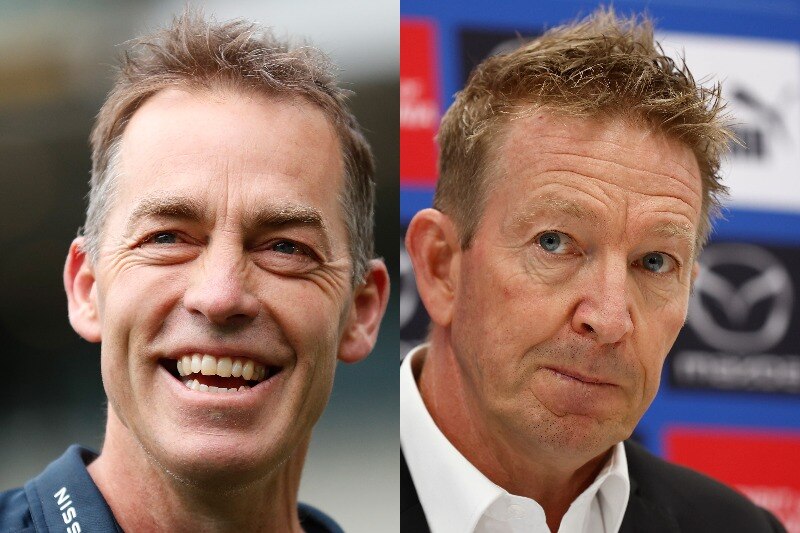 Photo of two two AFL coaches in different settings, one smiling, the other looking under stress.