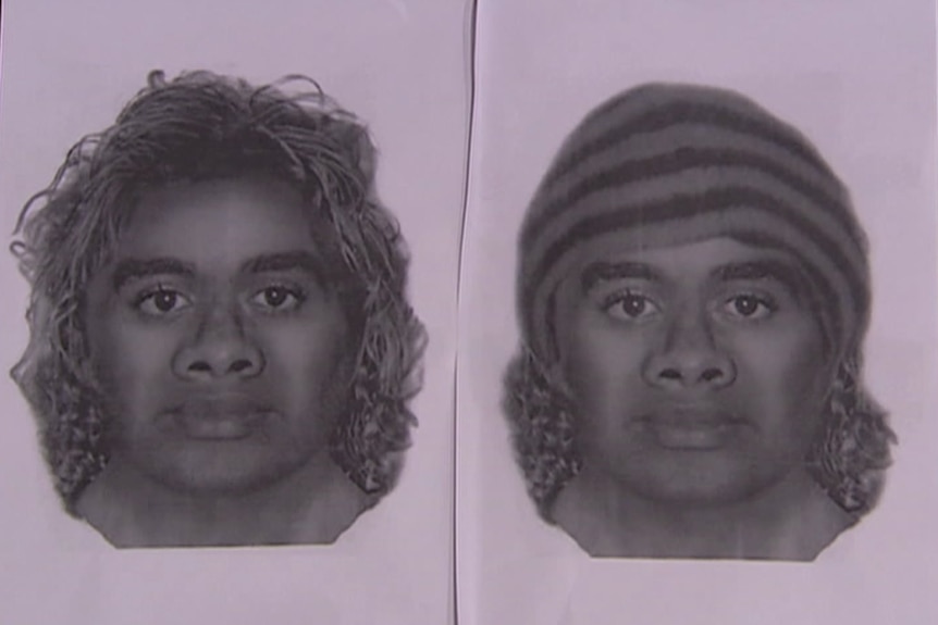 Side-by-side black-and-white images of a man with shoulder-length hair, one with beanie on right