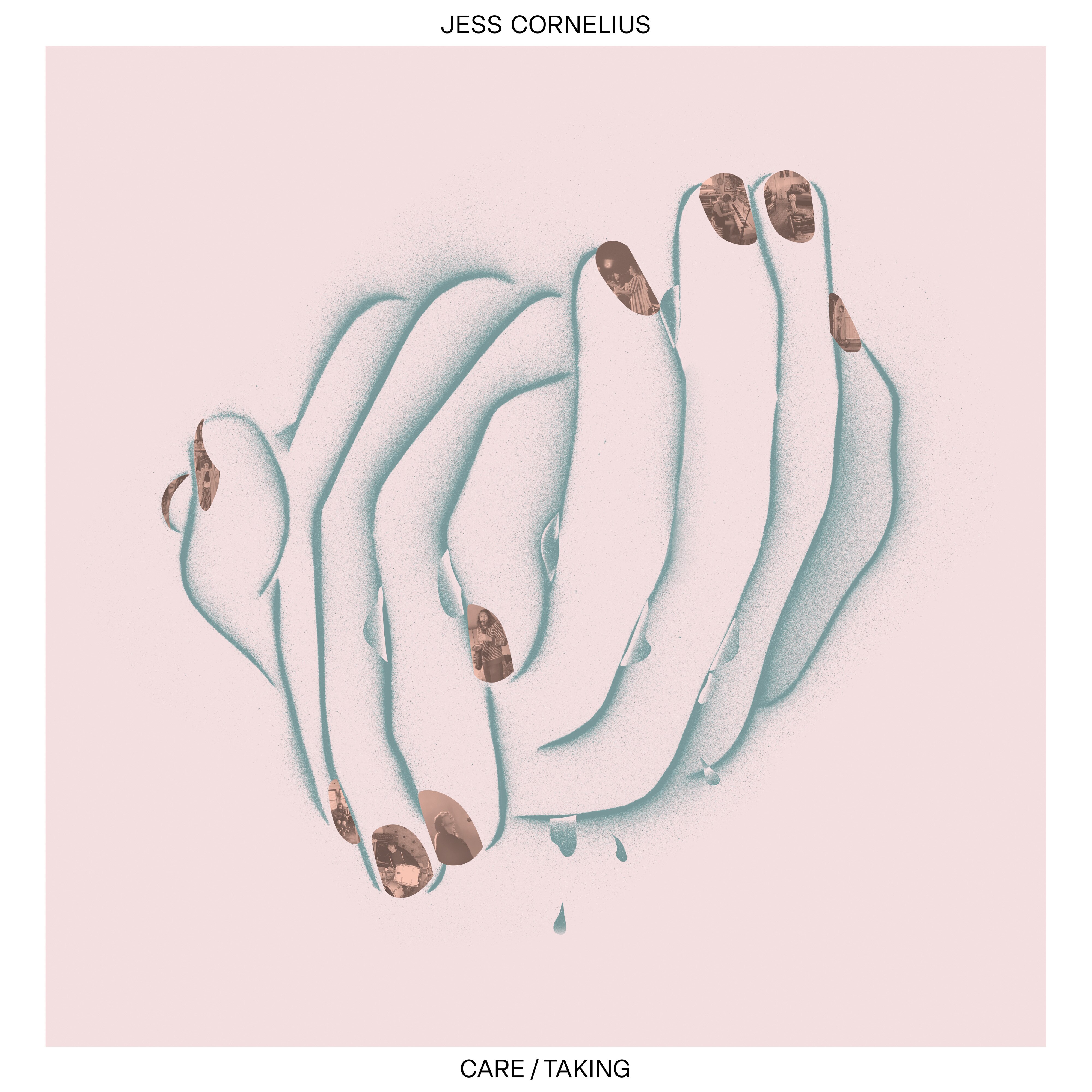 Cover art for Jess Cornelius' 2024 album CARE/TAKING: an minimalist illustration of clasped hands.