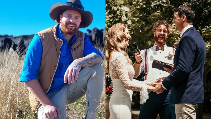 A photo of man in a hat kneeling in front of sheep beside a photo of the same man standing at a wedding alter.