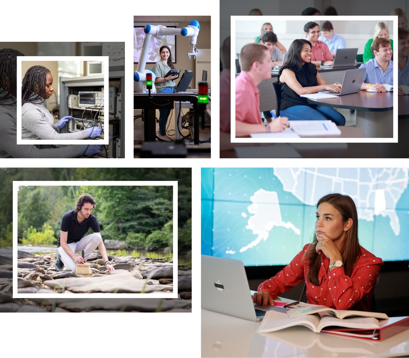 Collage of photos in classrooms, laboratories, and outdoor research sites.