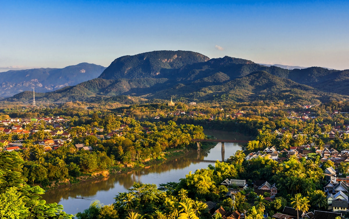 Sunset view over the city from Mount Phousi, a sacred mountain located in the heart of the former capital of Laos.