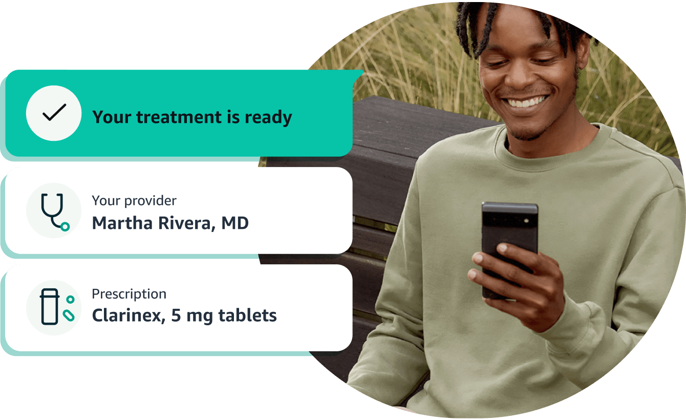 Smiling man holding phone, UI overlay shows a treatment plan with prescription allergy medication