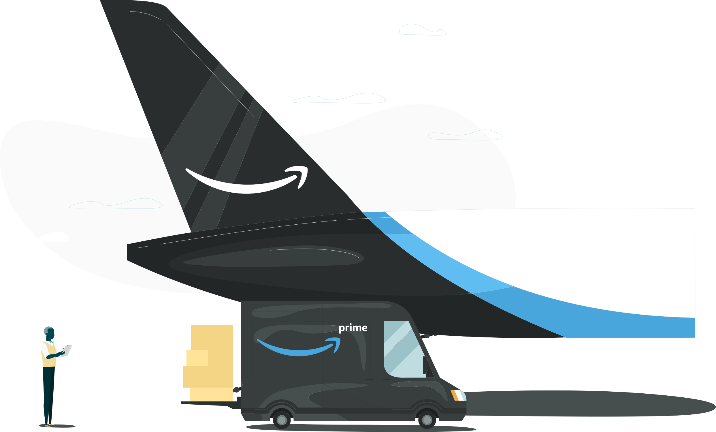 Clip art of a man standing next to a delivery truck and a Prime Air airplane