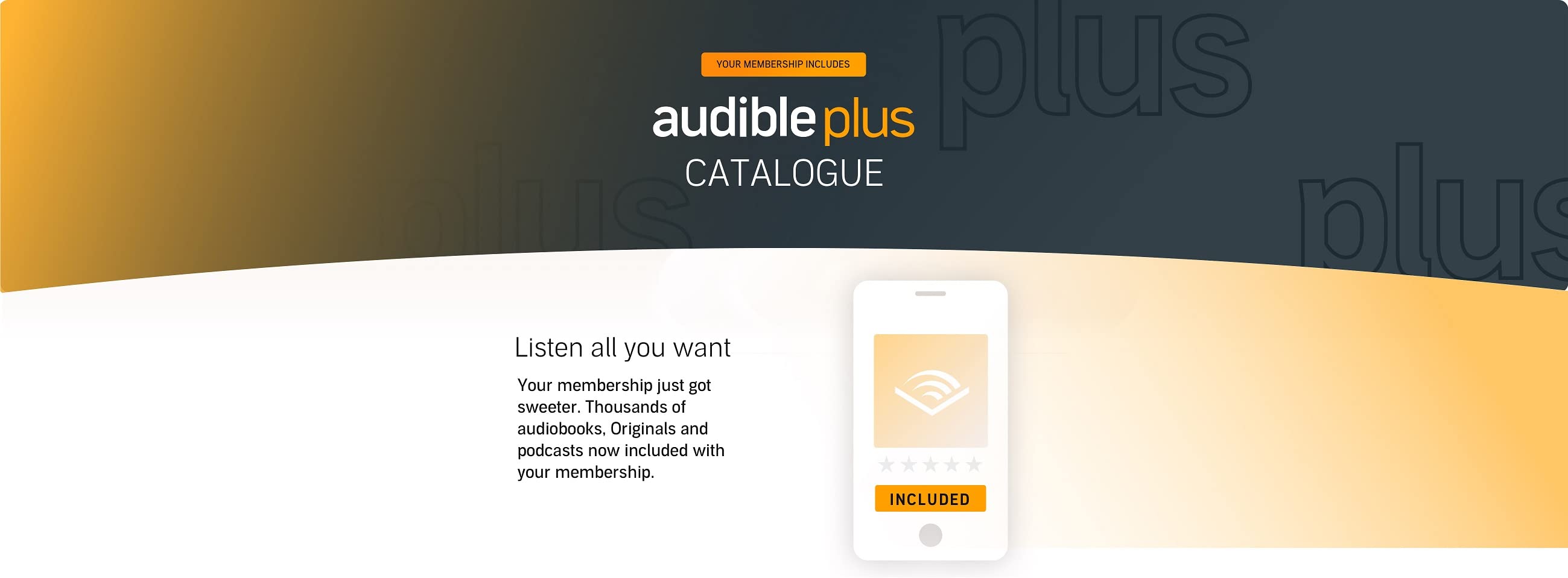 Your membership includes: The Audible Plus Catalogue. The plan you know and so much more. Your membership is now called Audible Premium Plus. Listen all you want to the Plus Catalogue, on top of your credits. That's thousands of Originals, podcasts and select audiobooks - at no extra cost.