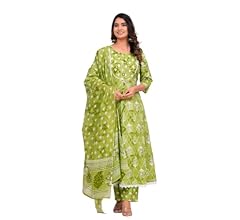 Women's Floral Print Cotton Anarkali Embroidered Kurta with Palazzo and Dupatta