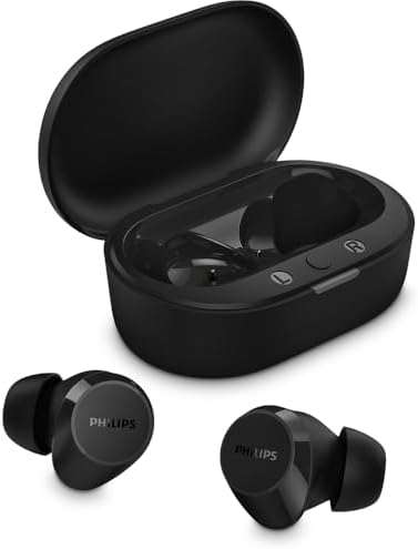 Fone de ouvido sem fio TWS Philips TAT1209BK/00 na cor preto, com bluetooth, microfone, tecnologia IPX4 e 18 horas de reprodução.