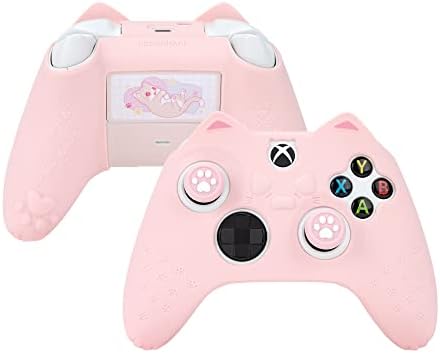 GeekShare Cat Paw Controller Skin Grips Set Capa protetora de silicone antiderrapante compatível com controle Xbox Series X com 2 tampas de aperto de polegar e 1 adesivo (rosa)