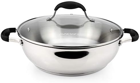 AVACRAFT 18/10 Stainless Steel Everyday Pan with Five-Ply Base, Stir Fry Chef’s Saute Pan with Glass Lid, Multipurpose Stewpot Skillet, Casserole in Pots (11 Inch)