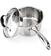 AVACRAFT Stainless Steel Saucepan with Glass Lid, Strainer Lid, Two Side Spouts for Easy Pour wit...