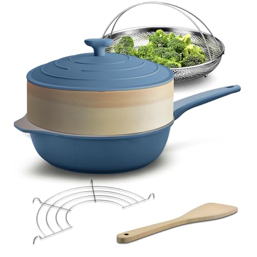 LIGTSPCE Always Non Stick Multipurpose Saute pan,Deep Frying Pans Nonstick with Lid(11-inch),Large Skillet 6pc, PFOA Free chef’s pan,Dishwasher and Oven Safe(Cerulean)