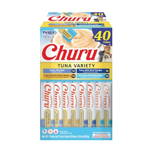 INABA Churu Cat Treats, Grain-Free, Lickable, Squeezable Creamy Purée Cat Treat/Topper with Vitamin E & Taurine, 0.5 Ounces Each Tube, 40 Tubes, Tuna Variety Box