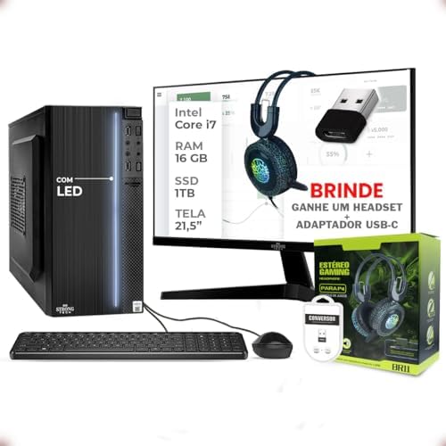 Computador Completo Intel Core i7 16GB SSD 1TB + Headset + Adaptador USB-C Monitor 21,5" 4 Núcleos Super Turbo Pc Hdmi Teclado e Mouse Strong Tech