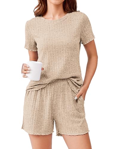 Ekouaer Pajamas Sets for Women Ribbed Knit Sleepwear Set Soft Short Sleeve Floral Hems Pjs Casual Lounge Sets Light Beige S