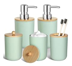 ALPIRIRAL Green Bathroom Accessories Set 5 Pcs, Plastic Sage Green Bathroom Decor, Lotion Soap Dispenser and Toothbrush Hol…