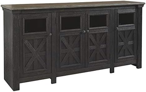 Signature Design by Ashley Tyler Creek Farmhouse TV Stand Fits TVs up to 72", 4 Glass Doors, 3 Adjustable Storage Shelves, Dark Gray