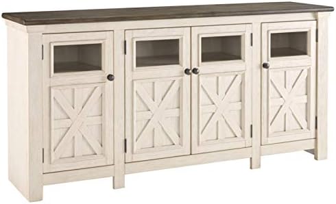 Signature Design by Ashley Bolanburg Two Tone Farmhouse TV Stand, Fits TVs up to 72", 3 Cabinets and Adjustable Storage Shelves, Whitewash