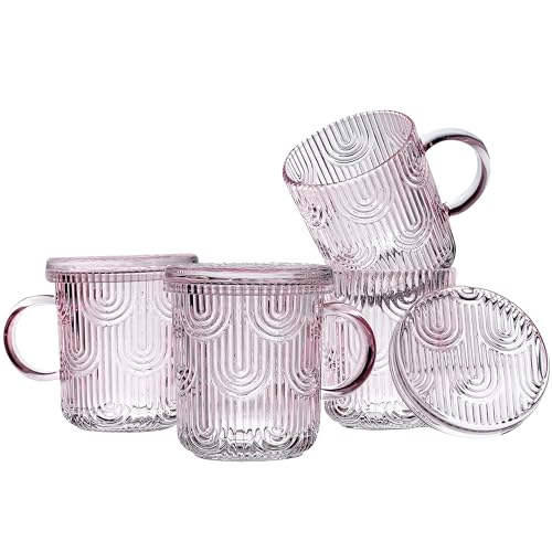 Lysenn Glass Coffee Mugs Set of 4 - Premium Crystal Glass Mugs with Lids – Unique Design Coffee Glasses for Tea Latte Cocoa Chocolate - 10 oz, Pink