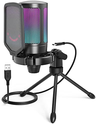 FIFINE Microfone USB Para Jogos Para PS5 PC, Microfone Condensador Com Mudo Rápido, Indicador RGB, Suporte De Tripé, Pop Filter, Suporte De Choque, Controle De Ganho Para Twitch Podcasts -A6V