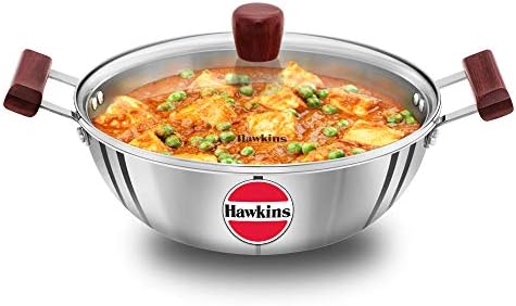 HAWKINS Tri-Ply Stainless Steel Induction Compatible Deep Kadhai (Deep-Fry Pan) with Glass Lid, Capacity 4 Litre, Diameter 28 cm, Thickness 3 mm, Silver (SSK40G)