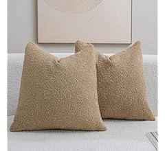 DEZENE Textured Boucle Throw Pillow Covers 18x18 Camel for Bed Couch Sofa Living Room, Pack of 2 Square Cozy Modern Decorat…