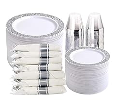 WELLIFE 350 Pieces Silver Disposable Plastic Dinnerware, Silver Lace Plates for Wedding & Party, Includes:50 Dinner Plates,…