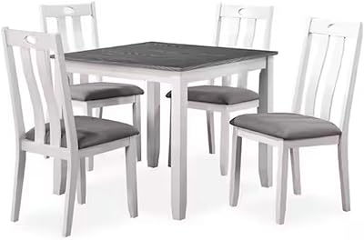 Benjara Helio 5 Piece Dining Table and Chairs Set, Wood, Fabric Seats, White and Gray