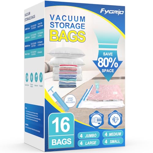 Fygrip Paquete de 16 bolsas de almacenamiento al vacío con bomba de mano, 4 Jumbo + 4 grandes + 4 medianas + 4 pequeñas bolsa