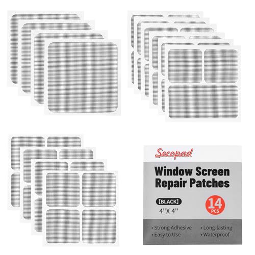 Secopad 14 Sheets Window Screen Patches Repair Kit, Black/Grey 3 Sizes Window Screen Repair Kit for Mesh Screen Door, Strong Adhesive Fiberglass Quick Screen Repair Tape