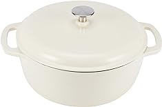 Amazon Basics Enameled Cast Iron Round Dutch Oven with Lid and Dual Handles, Heavy-Duty, 6-Quart, White