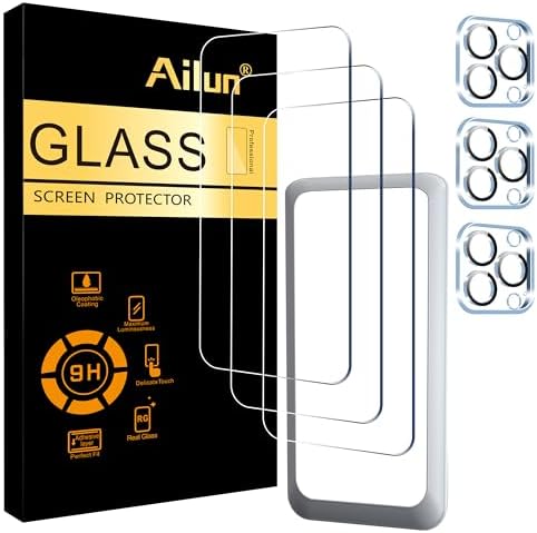 Ailun 3 Pack Screen Protector for iPhone 15 Pro Max [6.7 inch] + 3 Pack Camera Lens Protector with Installation Frame,Sensor Protection,Dynamic Island Compatible,Case Friendly Tempered Glass Film