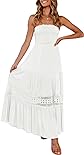ZESICA Women's 2024 Summer Bohemian Strapless Off Shoulder Lace Trim Backless Flowy A Line Beach Long Maxi Dress,White,Medium